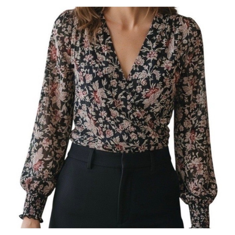 Express Womens Floral Long Sleeve Wrap V-Neck Bodysuit